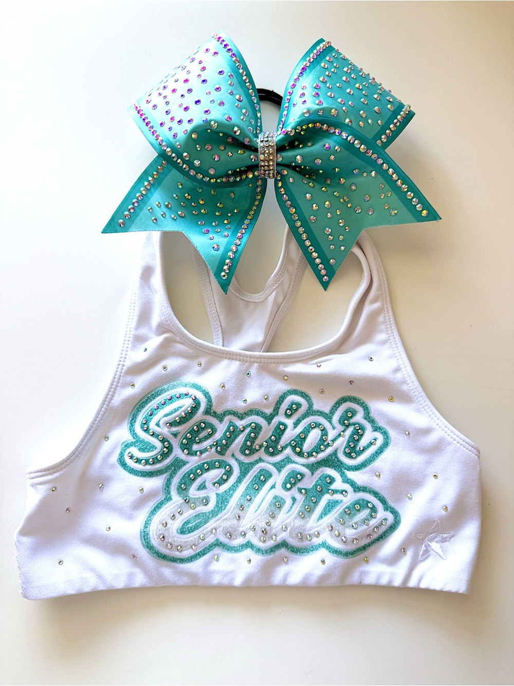 Senior Elite Rebel sportsbra with Teal Rhinestone Bow